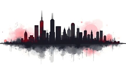 Naklejka premium A dramatic silhouette of a city skyline, blending shadows with bold red accents, evoking a vibrant urban atmosphere.