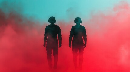Two humanoid figures in headphones stand in colorful red and cyan smoke, creating a futuristic and mysterious atmosphere.