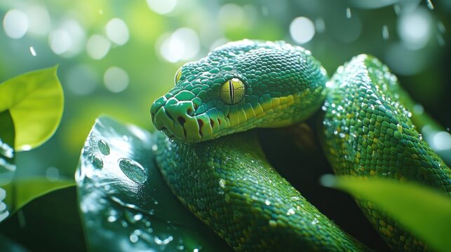 Green tree python in rainforest, rain droplets