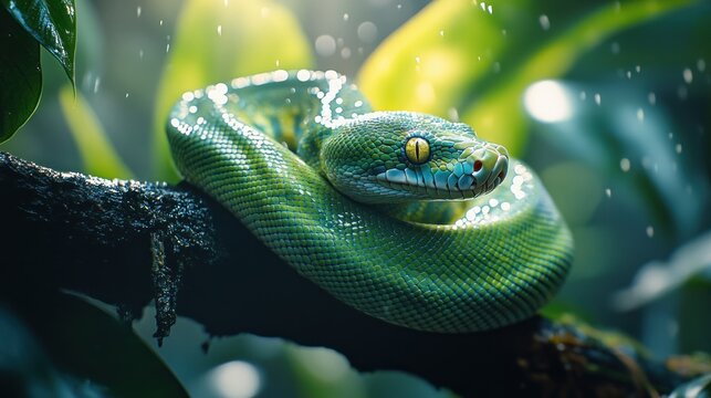 Green tree python coiled on branch, rainforest, rain