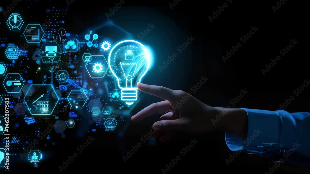 Poster A hand touches a glowing lightbulb surrounded by digital tech icons on a dark background. A digital illustration of concepts related to security, innovation, and technology are displayed.