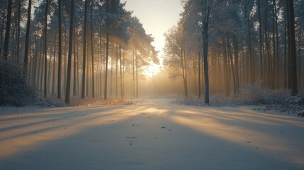 Naklejka premium Winter sunbeams pierce a snowy forest