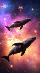 Fototapeta premium Two whales swim through a vibrant, cosmic space filled with stars and colorful nebulae.