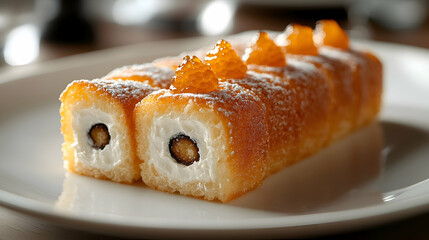 A delicate Piononos, Rolled Sponge Cake with Cream, filled with sweet cream and rolled into small pieces, placed on a white ceramic plate