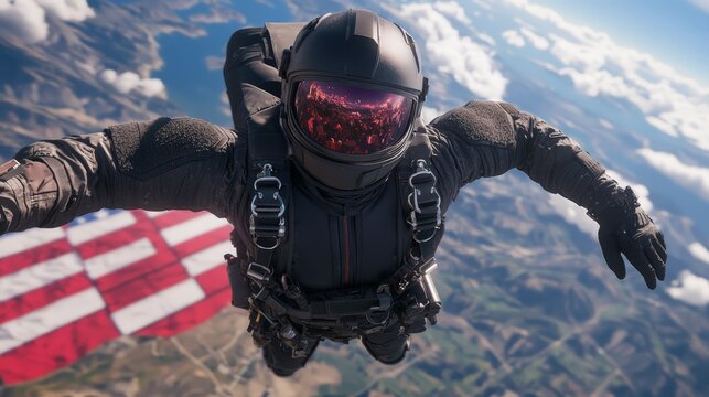 A skydiver in a black suit and helmet descends over a landscape with a large American flag parachute in the background.