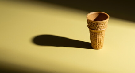 Empty waffle cone on yellow background with dramatic shadow. Minimalist ice cream container with textured pattern. Summer dessert concept. Ice cream parlor menu and nostalgic treat