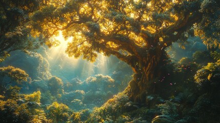 Obraz premium A dense rainforest scene with a massive tree trunk covered in moss, while colorful toucans and parrots rest on the branches.