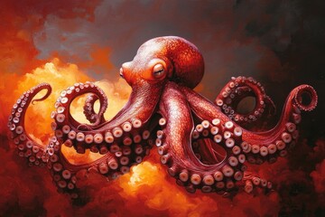 Obraz premium A vibrant red octopus with curled tentacles is featured amidst dramatic, fiery clouds in this striking illustration.