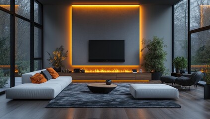 Fototapeta premium Modern living room with fireplace, TV, and large windows overlooking winter landscape