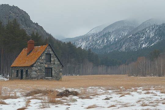 A stone house sits nestled among mountains in a winter landscape