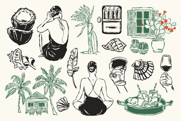 La Dolce Vita sketch style doodles collection. Art for postcards, posters, branding, logo design, background, social media.	