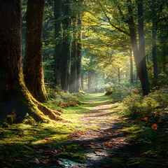 Fototapeta premium A Serene Stroll Through Sunlit Forest Paths Amidst Towering Trees and Melodic Birdsong