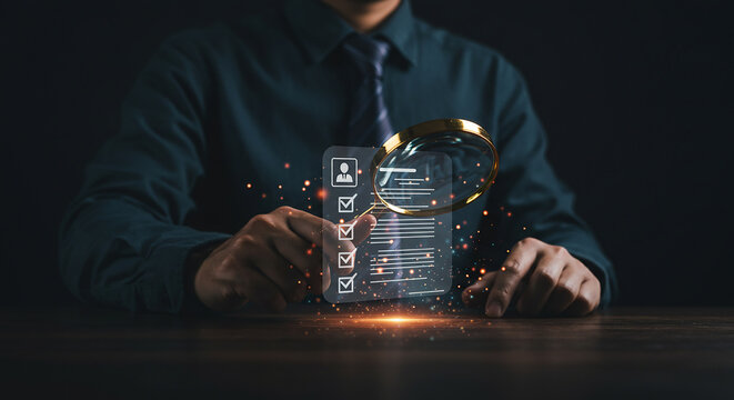 Man in suit holding magnifying glass over digital checklist with profile icon and checkmarks  real estate business ,technology ,selling ,purchasing ,agreement