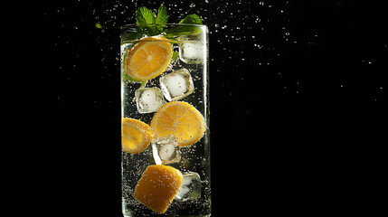 Tall glass of sparkling lemon lime soda filled with ice cubes and fresh lemon slices, garnished with mint leaves, creates refreshing and vibrant drink experience