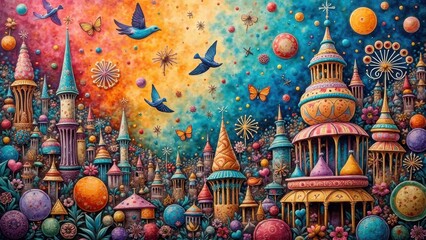 Fototapeta premium Vibrant fantasy landscape with surreal architecture, flying birds, and colorful spheres