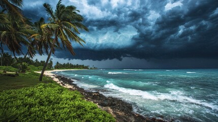 A stormy day at the beach with a palm tree in the foreground