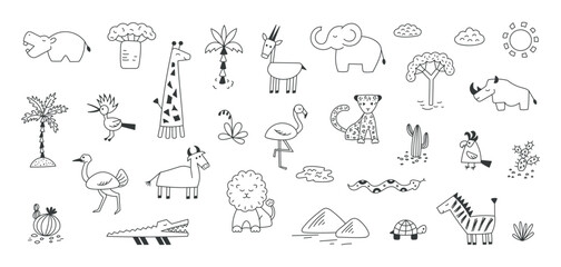 Minimalist Hand-Drawn Safari Doodles, Animals and Plants Set, Wildlife Vector illustration