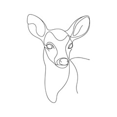 An elegant continuous line drawing of a deer face looking forward on a plain white background.