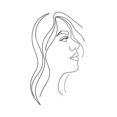 Elegant minimalist continuous line drawing of a woman�s face and long flowing hair against a white background