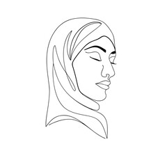 Minimalist continuous line drawing of a serene muslim woman wearing a hijab with closed eyes expressing peace and tranquility