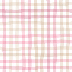 Pink Brown Beige Plaid Gingham Check Hand Drawn Background Pattern Overlay