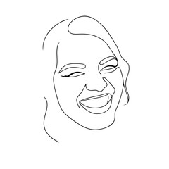Joyful smiling face depicted in a single continuous line drawing with wavy hair and closed eyes on white background