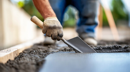 Construction worker smoothing concrete with a trowel, expertly shaping the foundation of a new residential house on the job site