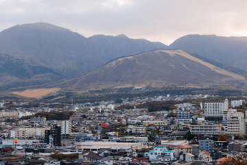 Beppu, Japan, city panorama skyline, Kannawa onsen distict, Oita prefecture, Kyushu island region,, Yukemuri observation deck, rising hot steam from onsen ryokan bath houses, Beppu resort hot springs