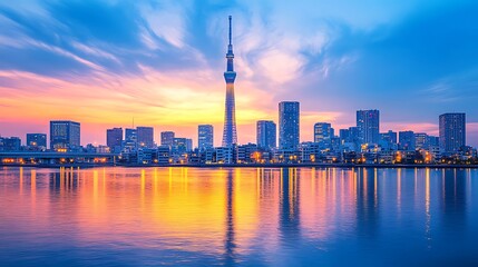 Obraz premium City lights glowing and reflecting in night skyline high resolution picture