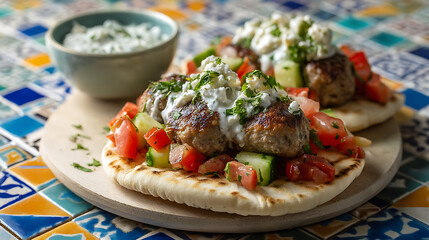 Delicious Mediterranean inspired dish featuring grilled lamb sausage served on warm flatbreads, topped with fresh tomatoes, cucumbers, and creamy sauce, evoking sense of culinary delight