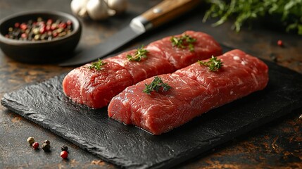 Fresh raw lamb tenderloin on slate board