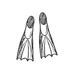 Pair of swimming flippers in black brush stroke texture isolated on white. Hand drawn vector sketch illustration in vintage charcoal ink. Diving accessory, summer vacation equipment, travel.