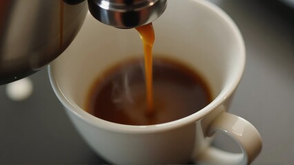 Preparing fresh espresso coffee from machine close up macro. Hot steaming drink flowing into cup with crema. Morning beverage concept.