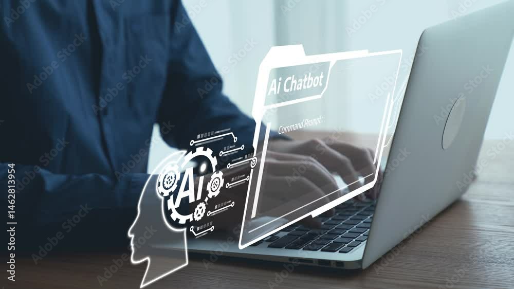 Poster human interact with ai artificial intelligence virtual assistant chatbot in concept of ai artificial