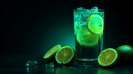 Refreshing lemon soda in glass filled with ice, surrounded by fresh lemon halves, creates vibrant and inviting atmosphere. neon lighting enhances drink appeal, making it perfect for summer