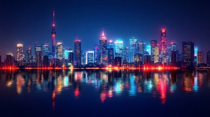 Obraz premium City night skyline mirrored on still river surface high resolution picture