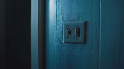 Close-up of a Dual Electrical Outlet on a Blue Wall