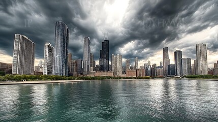 Fototapeta premium City skyline glowing under daylight with perfect reflections high resolution picture