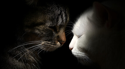 Two cats, one tabby and one white, face each other dramatic lighting setting, showcasing their features and expressions. contrast highlights their fur textures and emotional connection between