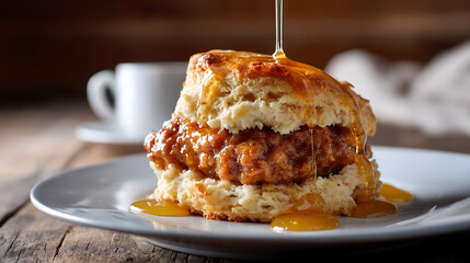 Delicious biscuit sandwich featuring crispy fried chicken, drizzled with golden honey, served rustic wooden table. warm, flaky biscuit complements savory chicken perfectly, creating mouthwatering