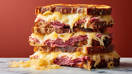 Stacked Reuben sandwich with layers of corned beef, melted cheese, and sauerkraut, showcasing deliciously toasted bread exterior. This mouthwatering dish is perfect for any meal
