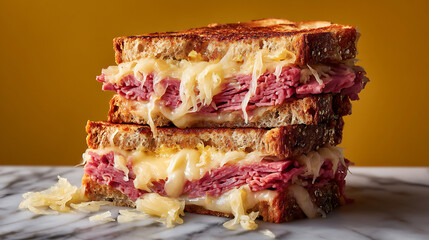 Delicious stacked Reuben sandwich featuring layers of corned beef, melted cheese, and sauerkraut, all nestled between crispy, toasted bread. vibrant background enhances appetizing look of this