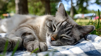 Peaceful cat sleeping on blue and white checkered blanket in sunny outdoor setting, surrounded by green grass and trees. serene atmosphere evokes sense of calm and relaxation