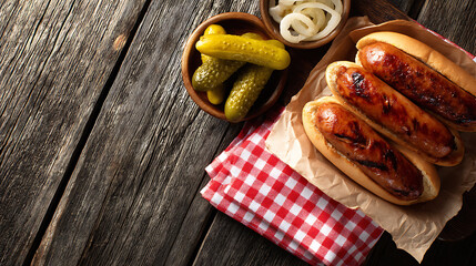 Grilled sausages served in soft buns with pickles and onions on rustic wooden table create delightful summer picnic atmosphere. Enjoy savory flavors and warm ambiance