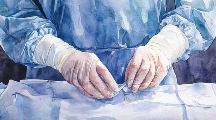A person in a blue lab coat is holding a pair of gloves