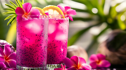 Vibrant tropical drink featuring dragonfruit infused lemonade, garnished with fresh flowers and lemon slices, evokes refreshing and exotic atmosphere perfect for summer