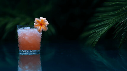 Refreshing tropical cocktail with vibrant pink hue, garnished with delicate flower, sits elegantly reflective surface, surrounded by lush greenery. serene atmosphere evokes sense of relaxation