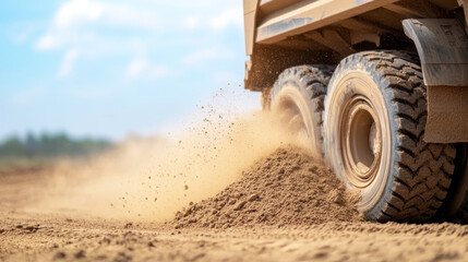 Obraz premium Dump truck is unloading sand on a construction site, creating a cloud of dust and sand particles