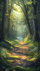 Obraz premium A Serene Stroll Through Sunlit Forest Paths Amidst Towering Trees and Melodic Birdsong