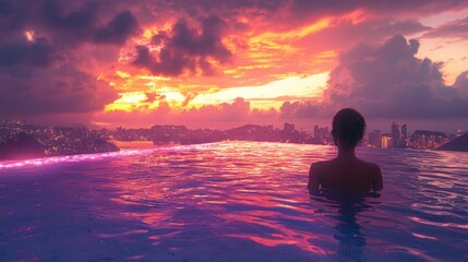 Fototapeta premium Rooftop pool at sunset. A woman enjoying a tranquil evening